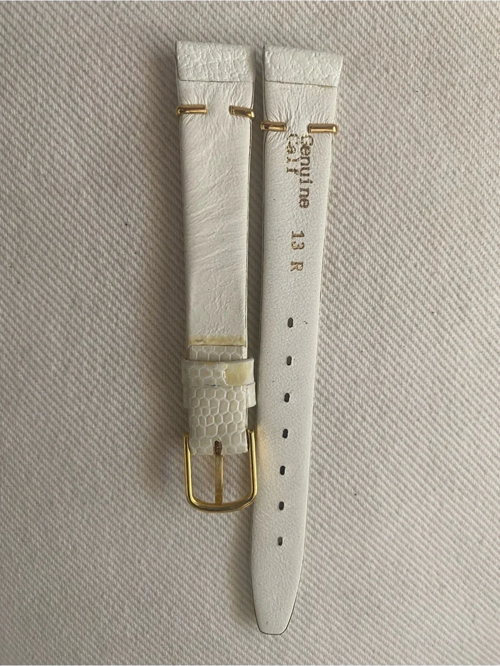 White Textured Leather Watch Strap with Gold Hardware 13mm